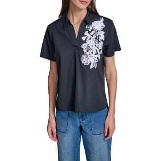 Karl Lagerfeld Lace Appliqu&eacute; Woven Shirt in Midnight Navy at Nordstrom, Size X-Small