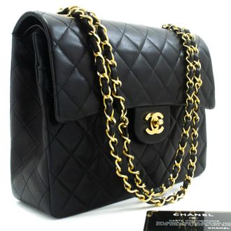 Chanel Vintage Square Classic Double Flap Quilted Leather Black Leather Handbag (Pre-Owned)