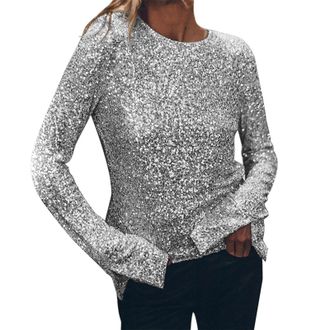 Generic Womens Glitter Long Sleeve Round Neck Casual Oversized Top with Split Cuff Design Partywear Everyday Stylish Loose Fit Blouse for Women UK Masquerade 