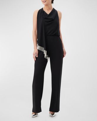 Trina Turk Momo Cowl-Neck Draped Fringe-Trim Jumpsuit