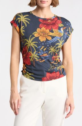 T Tahari Cuffed Short Sleeve Ruched T-Shirt in Tropical Bloom Print at Nordstrom Rack, Size X-Large