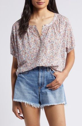 Lucky Brand Floral Print Cotton Peasant Top in Pink Multi at Nordstrom, Size Medium