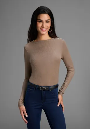 Bruno Banani Longsleeve BRUNO BANANI, Damen, Gr. 36/38, taupe, Jersey, Obermaterial: 95% Viskose, 5% Elasthan, clean, unifarben, figurbetont h&uuml;ftbedeckend, hoch ge
