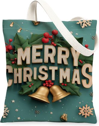 Generic Christmas Canvas Tote Bags, Holiday Plant Design Reusable Grocery Bags, Winter Vintage Chic Lightweight Washable Shoulder S, Green, 13x15 Inch