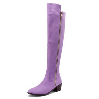 Generic Purple,3.5 UK,Fashion Side Zipper Knee High Boots for Womens Round Toe Chunky Heels Tall Boot Suede Party Club Fall Winter Comfy Dress Shoes