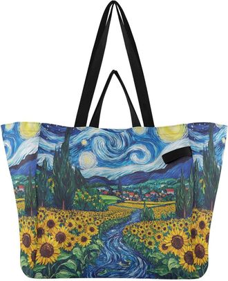 Generic Blue River Sunflower pattern Reusable Canvas Tote Bag, Heavy Duty Grocery Shopping Bag with Hard Bottom Double Handles Large Capacity Work Groceries T