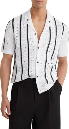 Reiss Ellingham Textured Stripe Camp Collar Cardigan in White/navy at Nordstrom, Size Xx-Large