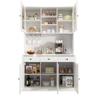 STILVORA Aparador Alto Con Puertas De Cristal Y 1 Caj&oacute;n, Estantes Ajustables, Enchufes Y Usb, Mdf, 120 X 40 X 191 Cm, Blanco