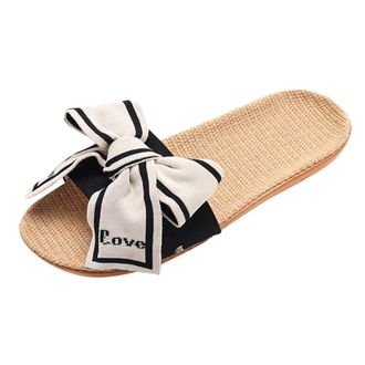 Generic Womens Open Toe Wedge Sandals Bow Decoration Slippers For Women Bohemia Linen Flip Flops Beach Sandals Soft Breathable Insole Shoes (White, 6)