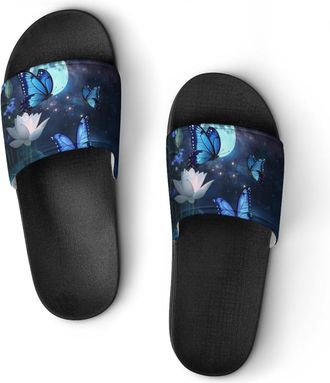Generic Blue Butterflies Moon Shower Shoes Slipper for Women Men Beach Slippers Quick Drying Non Slip Open-Toe Sandals