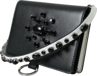 Dolce & Gabbana Womens Crystal-Embellished Calf Leather Card Case Black Brass Cases