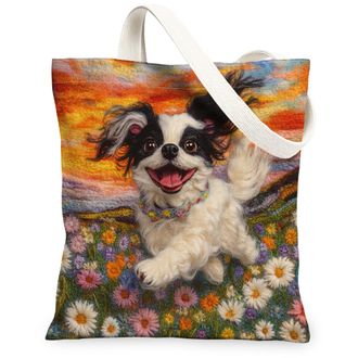 Generic Spring Springer Spaniel Dog Canvas Tote Bag for Shopping 13x15, Knitting Style Garden Puppy Reusable Grocery Print Bag for Women, Fun Pet Beach Aesthe