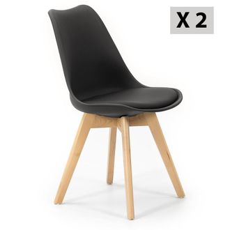 HOMN Pack 2 sillas negro, pata madera y asiento acolchado, estilo n&oacute;rdico