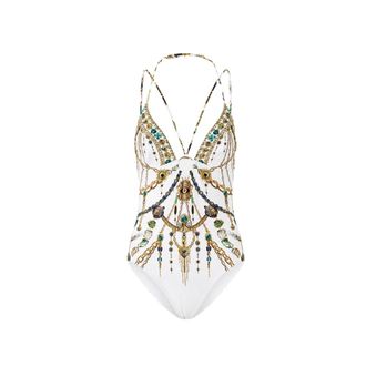 Camilla Badmode, Dames, Wit, XL, Multi Strap Halter Tri One Piece Met Rand