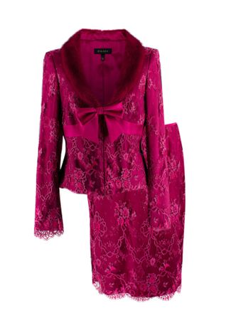 Escada Cherry Lace Mink Fur Trimmed Silk Lace Top and Skirt Size XS