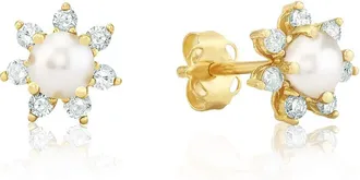 MAX + STONE 14k Yellow or White Gold Gemstone and 4mm Diamond Flower Halo Stud Earrings