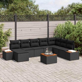 vidaXL Vidaxl - Conjunto De Sof&aacute; De Jard&iacute;n Con Coj&iacute;n 9 Pcs Negro Polirat&aacute;n