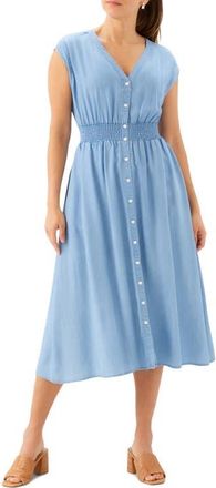 Karen Kane Smocked Waist Chambray Button-Up Midi Dress at Nordstrom, Size X-Large