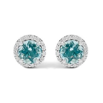 House of Brilliance 10K Gold Gemstone and 1/6 Cttw Diamond Halo Stud Earring in White | Blue Aquamarine at Nordstrom
