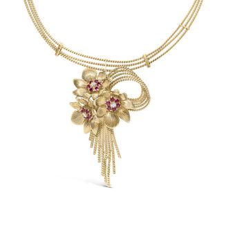 House of Brilliance 18K Yellow Gold Diamond and Red Ruby Floral Cascade Statement Necklace with Bead Chain