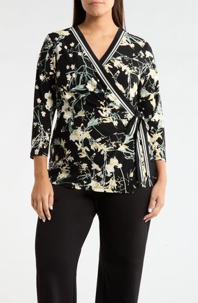 Anne Klein Leo Border Print Wrap Top in Anne Black Multi at Nordstrom, Size 2 X