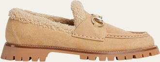 Gucci Sylke Suede Shearling-Lined Horsebit Loafers
