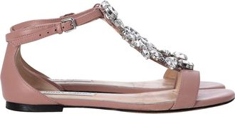 Jimmy Choo London Crystal Embellished T-strap Flat Sandals in Pink Leather