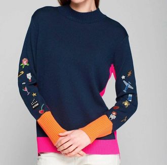 Vilagallo Perkins Turtleneck Embroidered Sweater In Navy & Pink/orange