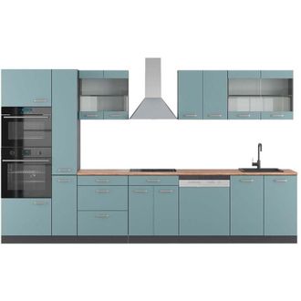 Vicco Mueble de cocina R-Line, Gris azulado/antracita, 350 cm con armario alto, et Roble