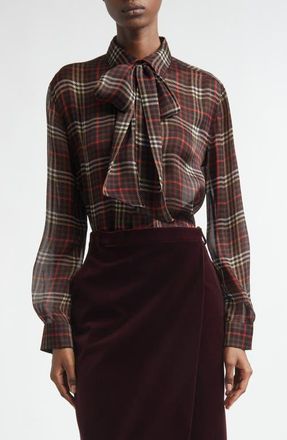 Saint Laurent Plaid Silk Crepe Tie Neck Button-Up Shirt in Marron/Craie/Rouge at Nordstrom, Size 4 Us