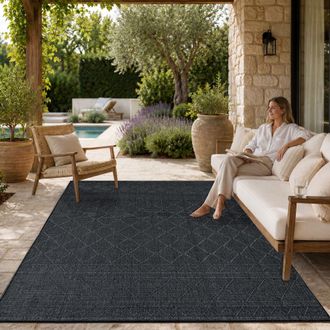 Paco Home Paco Home - Alfombra Exterior Interior Balc&oacute;n Terraza Cocina Motivo Boho &Eacute;tnico Moderno 150 Cm Cuadrado, Antracita 2