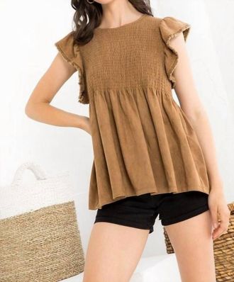 THML Clothing Suede Smocked Top In Camel