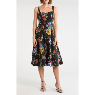 Avec Les Filles Fit and Flare Sweetheart Dress in Black Zinnia Floral at Nordstrom Rack, Size 14