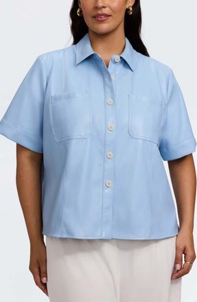 Foxcroft Demi Elbow Sleeve Faux Leather Button-Up Shirt in Sky Blue at Nordstrom, Size 2 X