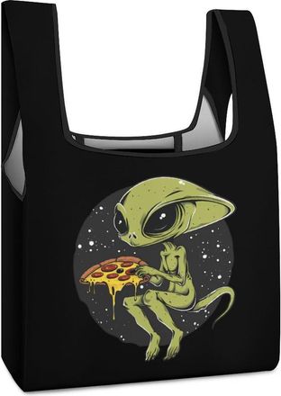 Generic Alien Eating Pizza Shopping Bag Reusable Grocery Tote Bag Foldable Handbag for Travel Picnic
