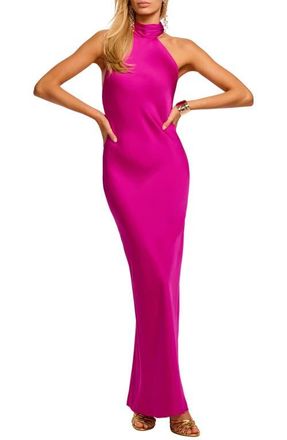 Ramy Brook Tatiana Halter Neck Satin Gown in Fiesta Pink at Nordstrom, Size 12