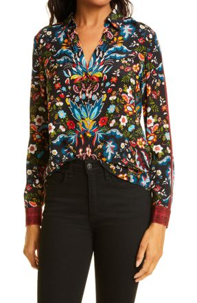 Alice & Olivia Alice + Olivia Eloise Button-Up Silk Blouse in Santa Monica Multi, Size X-Small