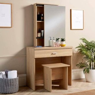 Home Source Industries Home Source - Sonoma Oak Dressing Table Set With Sliding Storage Vanity Mirror and Stool