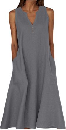 Generic midi Dresses for Women UK Womens Linen Dresses UK Ladies Summer Sleevlesse Casual Midi Sundress V Neck Ruffle Swing A Line Dress 2025 Fasion Solid Hol