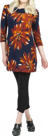 Papillon Floral Print Cowl Neck 3/4 Sleeve Dress In Navy/ Brown