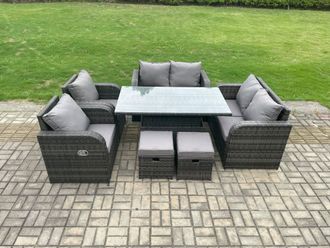 Fimous Wicker PE Rattan Furniture Garden Dining Set Outdoor Height Adjustable Rising lifting Table Love Sofa Chairs in Dark Grey