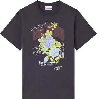 Ganni Bloemen Grafische Print Korte Mouw Tee - Dames - T-shirts - Grijs - XS - Tops