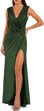 Mac Duggal Charmeuse Plunge Neck Gown With 3D Flower in Pear at Nordstrom, Size 10