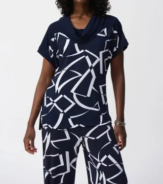 Joseph Ribkoff Geometric Print Cowl Neck Top In Midnight Blue/vanilla