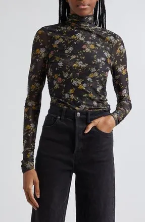 Cinq &agrave; Sept Floating Daisies Shirred Mesh Mock Neck Top in Black Multi at Nordstrom Rack, Size Small