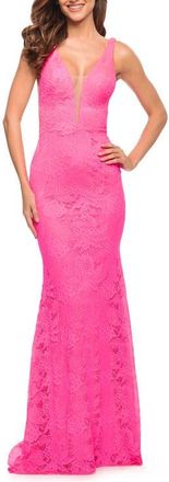 La Femme Chic Stretch Neon Pink Lace Gown with Deep V Neckline at Nordstrom, Size 00