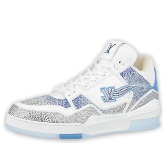 Louis Vuitton Trainer Sneakers White with Shiny Grey Blue Crystals 1A8AI1