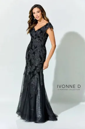Mon Cheri Lace Embroidered Dress In Black/pewter