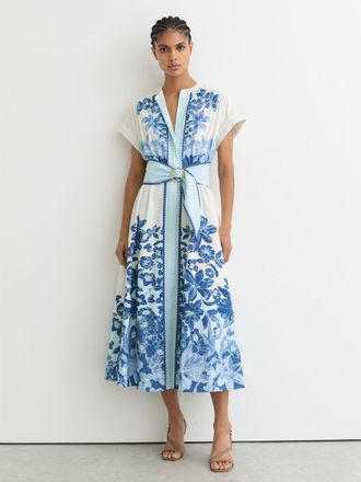 Reiss Blue & Cotton Floral Belted Midi Dress With Stretch, 14