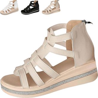Generic Rhinestone Decor Wedge Sandals, Summer Casual Diamond Bling Orthopedic Platform Ankle Strap Sandals Non Slip Slides (beige,6.5)